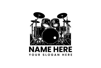 Obraz premium Complete professional drum kit vector logo with bass drum, toms and cymbals in percussive arrangement