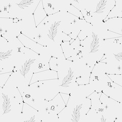 Magic celestial seamless pattern with astrology zodiac constellations, crescent, stars and floral branch. Vector boho elegant background. Surface cover design. Fabric textile print.