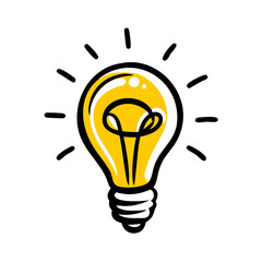Bright yellow light bulb with rays shining, symbolizing ideas and creativity in a minimalist style
