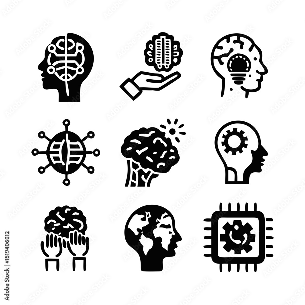 Aufkleber symbols representing artificial intelligence, cognitive processes, and technology interrelations sho