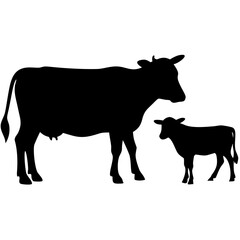 Silhouettes of a cow and calf standing together in a peaceful rural setting during daylight