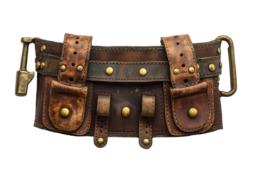 Steampunk Brown Leather Belt with Pouches and Brass Buckle Isolated Victorian Cosplay Costume on transparent background