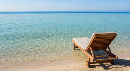 Obraz premium Serene beach scene with empty wooden lounge chair by clear blue ocean water
