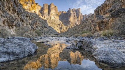 Canyon river reflection, rocks, desert cliffs, golden light