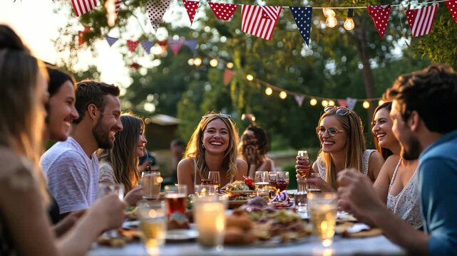 Group of diverse friends celebrate with food, drinks, at outdoor party, summer gathering, independence day celebration.