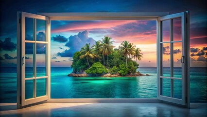 Tropical Island View Through Open Window