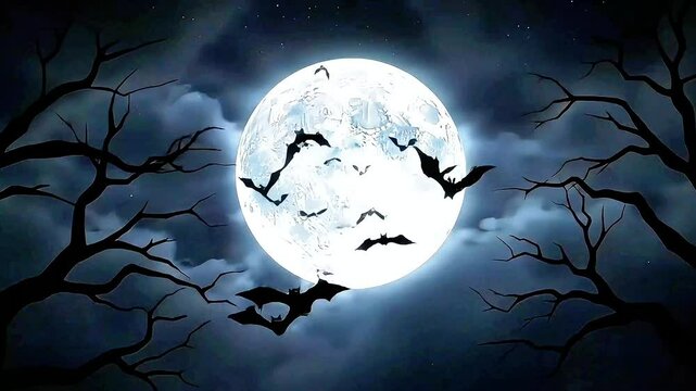 Silhouetted Bats Flying Across Full Moon at Night &ndash; Spooky Halloween Background with Creepy Trees and Cloudy Sky