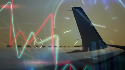 World map fading graphs waving along stabilizer as bars rising and clock rotating showing data - Powered by Adobe