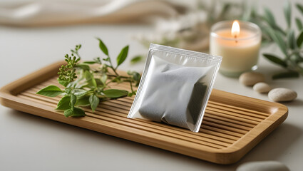 Blank Tea Bag Packet Mockup – Minimalist Wellness Style on Bamboo Tray

