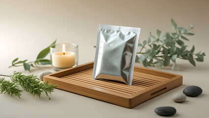 Unbranded Tea Sachet Mockup – Lying on Bamboo Surface in Natural Spa Setting
