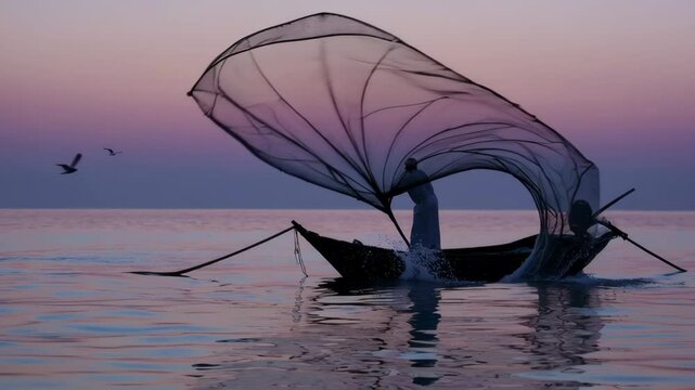 Fisherman casting net at dawn from boat