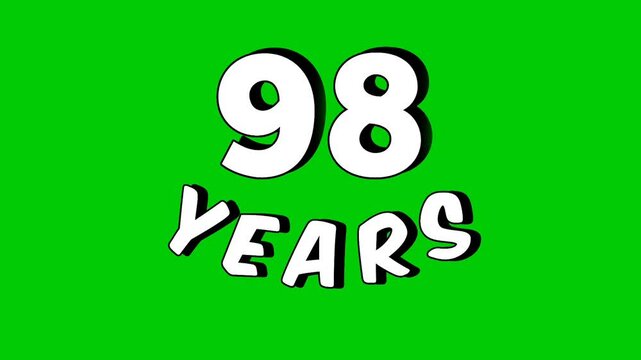 Animated footage of the number " 98 years" with a green screen background. The number is presented in a modern and dynamic style, perfect for editing birthday videos, anniversaries video element