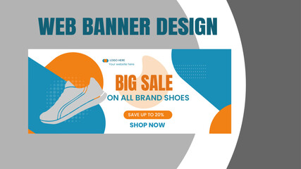New modern minimalist shoe sale web banner with minimalist ,clean ,orange and blue color template for advertising and promotional purposes. Poster and social media banner , vector illustration.