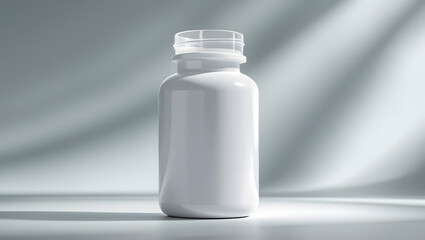 Unlabeled White Pill Bottle Mockup – Plastic Container on White Medical Surface