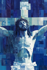 Modern Christian Artwork Depicting Jesus Christ on the Cross in Blues