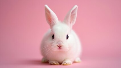 Obraz premium Cute white baby rabbit sitting and looking forward with upright ears against a soft pink background