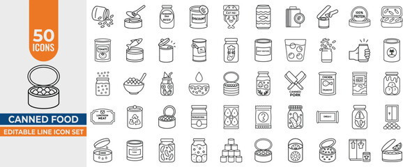 Canned Food & Jar Line Icons – 50 Vector Illustrations of Tuna, Meat, Pickles, Fruit & More. Editable stroke. Vector illustration