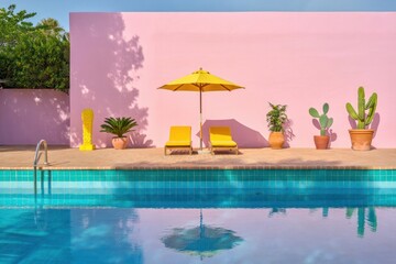 Obraz premium Sunny poolside scene with turquoise water reflecting two yellow lounge chairs under a yellow umbrella with various potted plants against a pastel pink wall