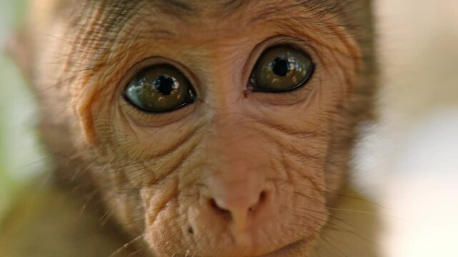 Adorable close-up footage of monkey in Sri Lanka turning his head and looking directly into the camera.
