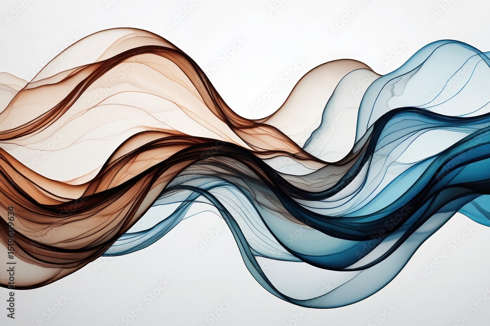 Poster abstract flowing waves of translucent brown and blue ribbons creating a soothing and dynamic visual 