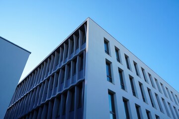 Obraz premium Modern office building with geometric facade and multiple windows under clear blue sky viewed from low angle