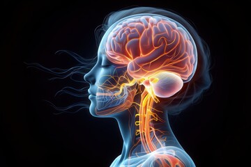 Side profile of a human head with a glowing detailed illustration of the brain and spinal cord highlighting neural pathways against a dark background