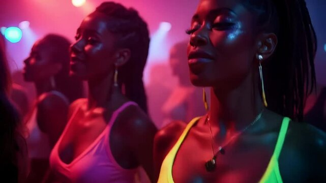 Ecstatic African American women dancing in a vibrant nightclub, wearing neon crop tops and glitter makeup, hair in colorful braids, under flashing strobe lights