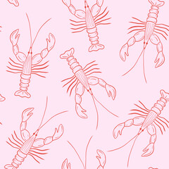 Seamless pattern with hand-drawn lobsters in delicate outline style on soft pink background for packaging, textiles, seafood branding, elegant coastal projects, etc.