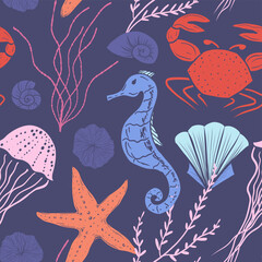 Marine vector seamless pattern with hand-drawn seahorse, crab, jellyfish and seashells in vibrant colors on dark blue background for textiles, packaging, wrapping, expressive summer projects, etc.
