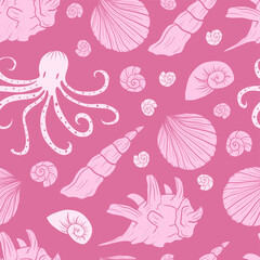 Girly seamless pattern with hand-drawn seashells and octopus in soft pink palette in feminine marine style for packaging, textiles, wrapping, summer branding, etc.