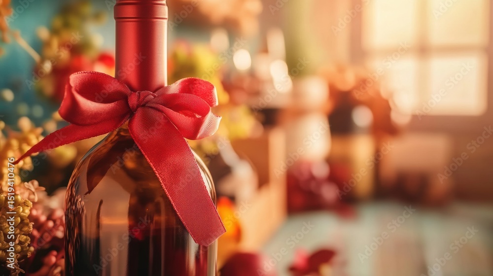 Poster wine bottle with red ribbon on a rustic table in warm light during autumn
