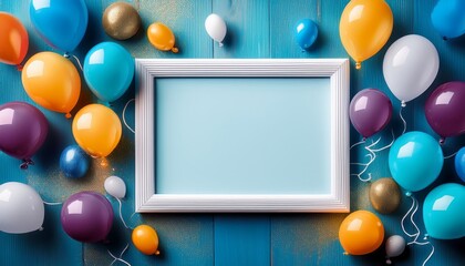 Colorful balloons and white frame on wooden table, Mockup for planning birthday or party, Copy space for text