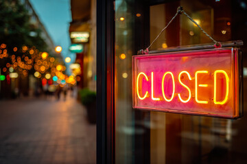 Neon closed sign illuminated at night with blurred street and bokeh lights in the background