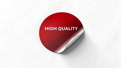 Red round high quality sticker with curled corner on white background, product label mockup for premium branding
