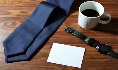 Fathers  day Flat Lay Gifts with Tie Watch Mug and Card keep on a wooden table 
