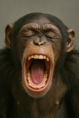 Close-up of a yawning chimpanzee with mouth wide open, eyes closed – expressive and funny animal moment.