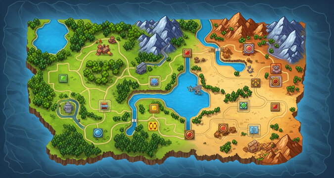 Fantasy Game World Map with Mountains, Rivers, Forests, and Desert Terrain | Hand-Drawn Cartoon Landscape for Adventure Game Design and Strategy Guides