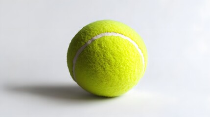 A single yellow tennis ball with white line on a white surface casting a soft shadow on the surface below