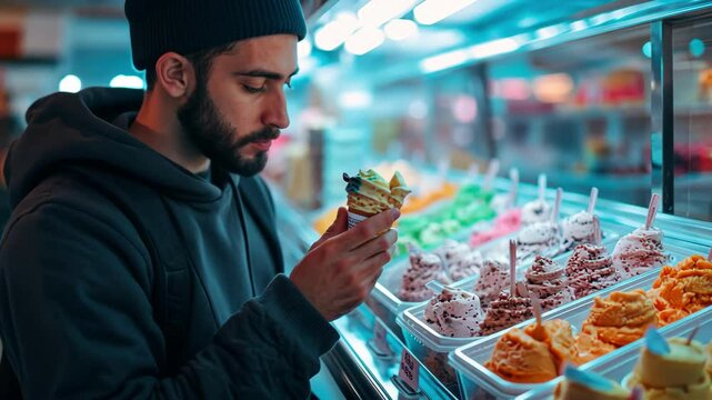 Man in beanie choosing colorful ice cream. Person enjoying gelato. Food.
