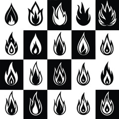 Black and White Fire Icons on a Checkerboard Pattern Background