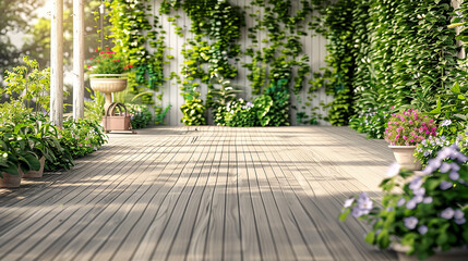Verdant Deck with Climbing Vines and Potted Plants in Dappled Sunlight.