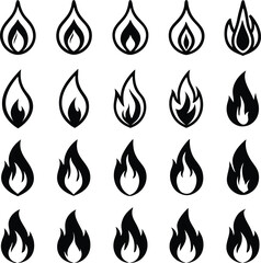 Collection of Twenty Black and White Flame Icons with Varying Designs