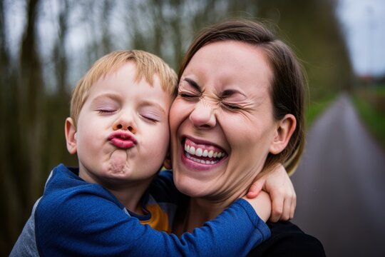 close-up of a joyful woman and a young boy hugging outdoors with the boy making a playful kissy face and the woman laughing with eyes closed