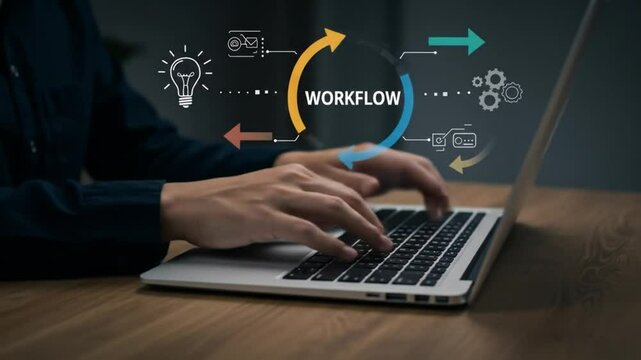 Close-up of hands typing on a laptop keyboard with a digital illustration of a workflow automation concept, including icons for ideas, gears, data, and arrows representing process steps