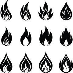 Collection of Twelve Black and White Flame Icons in Various Styles