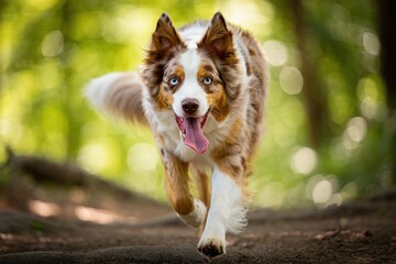 Energetic dog with blue eyes and tongue out running eagerly on a forest path surrounded by green bokeh background