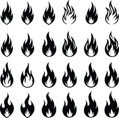 Collection of Black and White Flame Icons with Varying Designs