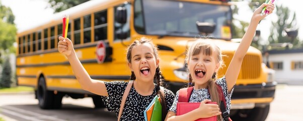 Two grade school girls getting on school bus for first day of school.