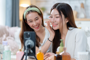 young beautiful asian group of friends girl makeup routine.Health care woman,together lifestyle cosmetic blogger.Beauty blogger woman with perfect glow skin.