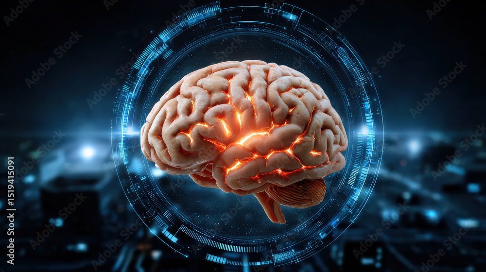 Poster glowing brain surrounded by digital firewall layers symbolizes advanced cybersecurity and artificial